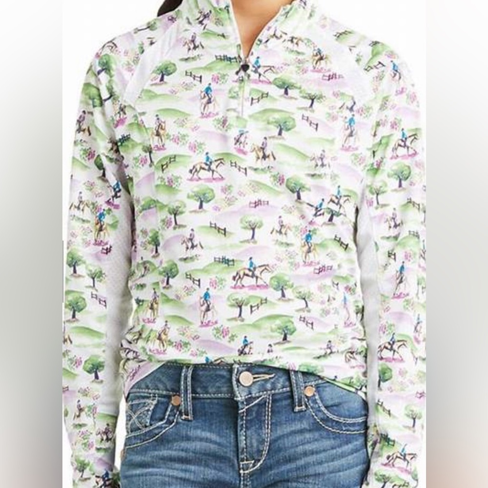 NWT-Ariat Kids Equestrian Print Sunstopper with SPF Protection- 10034995-XL/14